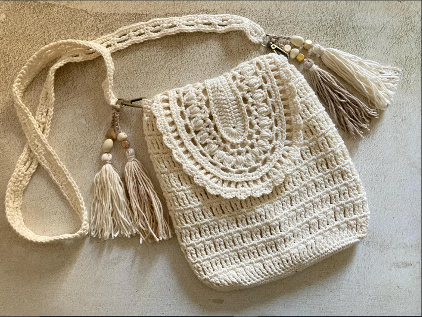 Lei Bag Crochet Pattern | Lacy Boho Crossbody Bag Pattern | Summer Crochet Bag Pattern for Essentials | Crossbody Boho Bag Crochet Pattern